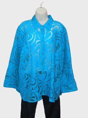 CJ Banks Turquoise Top Blouse Burnout Semi-Sheer Long Sleeve Button Size 1X